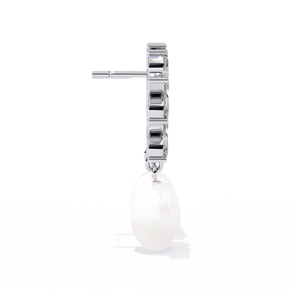 "Diamond-Cluster Flower & Pearl Drop Earrings" In Gold - 2.39 Ct