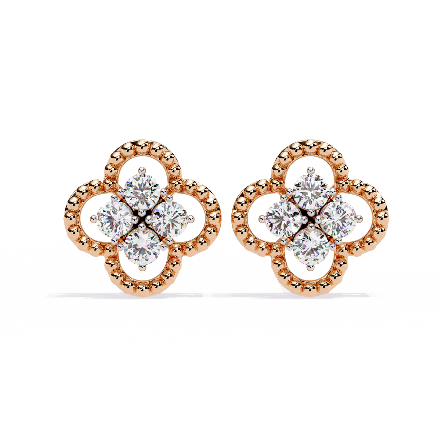 Clover Cluster Diamond Studs Earrings with Beaded Edge in Gold- 0.85 Ct