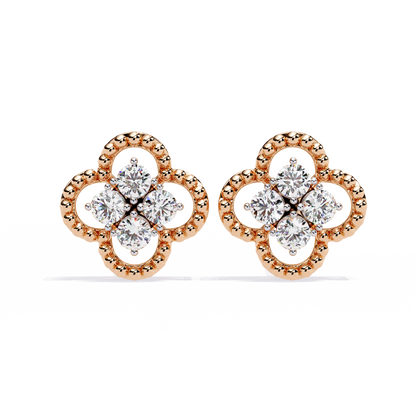 Clover Cluster Diamond Studs Earrings with Beaded Edge in Gold- 0.85 Ct