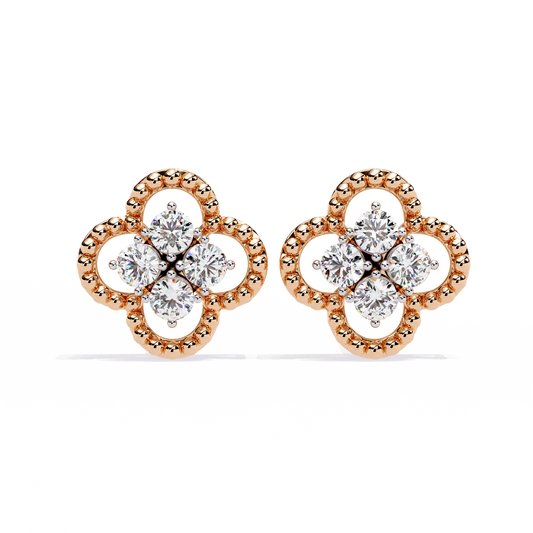 Clover Cluster Diamond Studs Earrings with Beaded Edge in Gold- 0.85 Ct