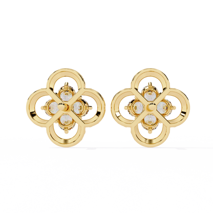 Clover Cluster Diamond Studs Earrings with Beaded Edge in Gold- 0.85 Ct