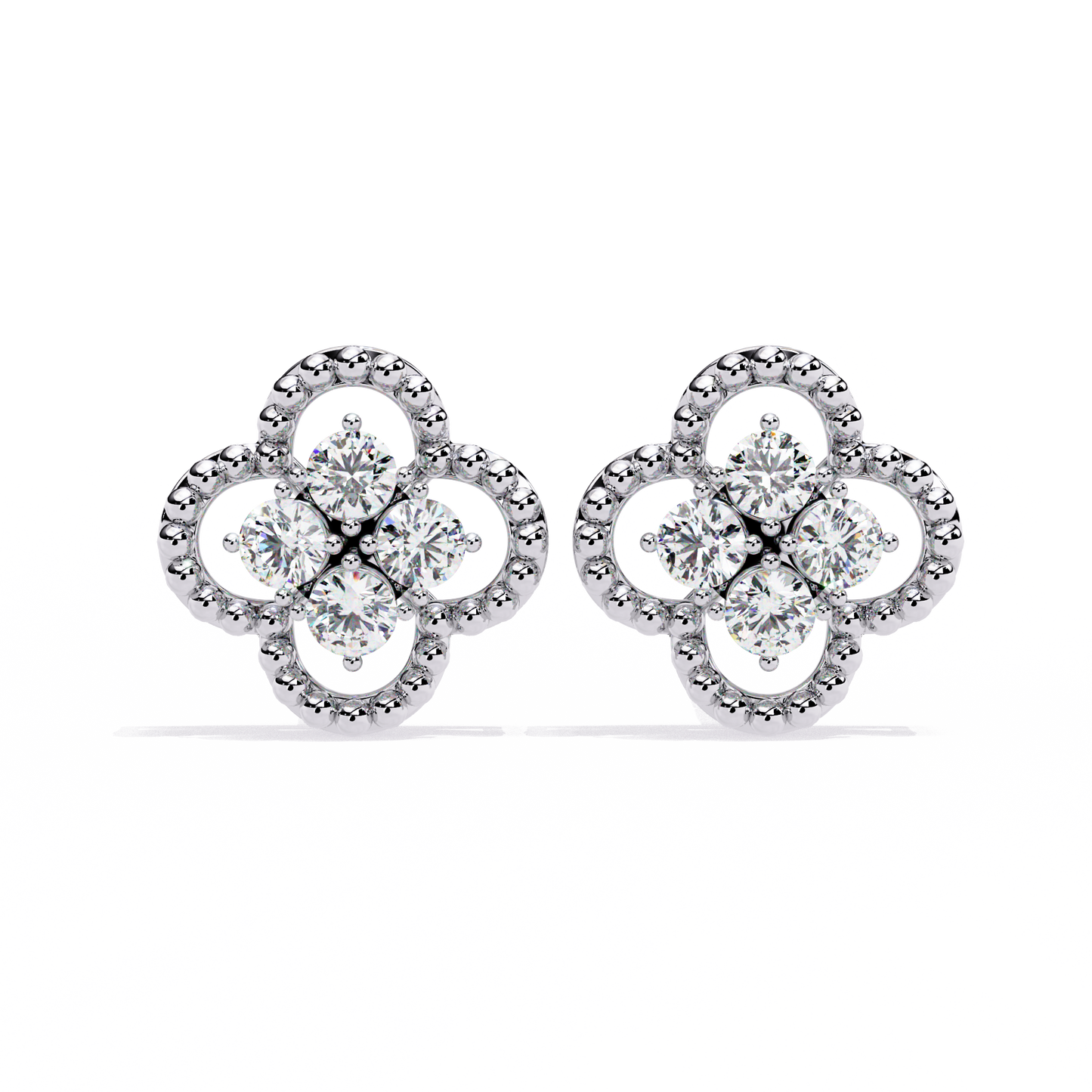 Clover Cluster Diamond Studs Earrings with Beaded Edge in Gold- 0.85 Ct