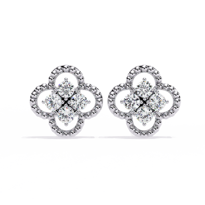 Clover Cluster Diamond Studs Earrings with Beaded Edge in Gold- 0.85 Ct