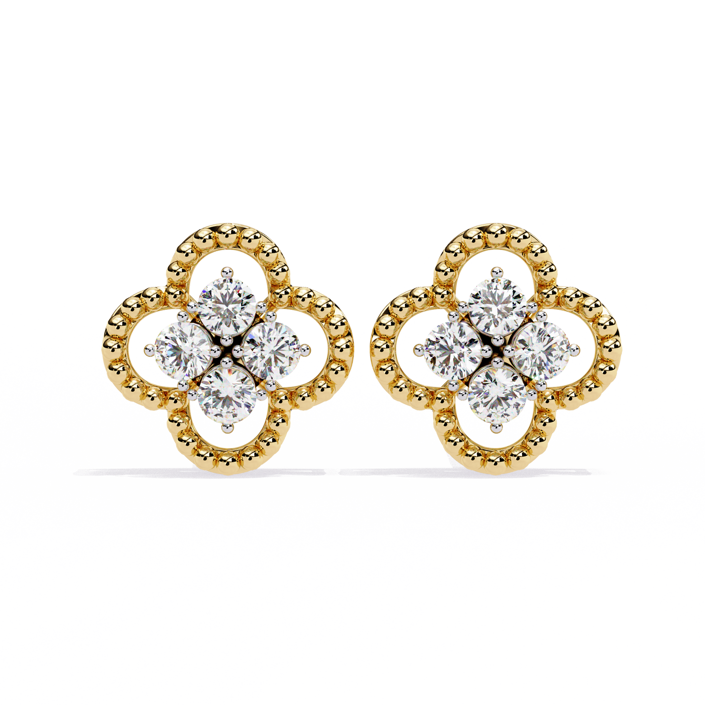 Clover Cluster Diamond Studs Earrings with Beaded Edge in Gold- 0.85 Ct