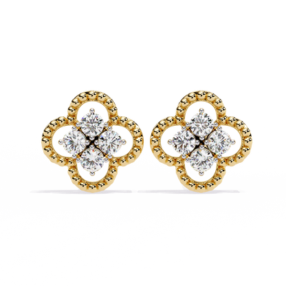 Clover Cluster Diamond Studs Earrings with Beaded Edge in Gold- 0.85 Ct