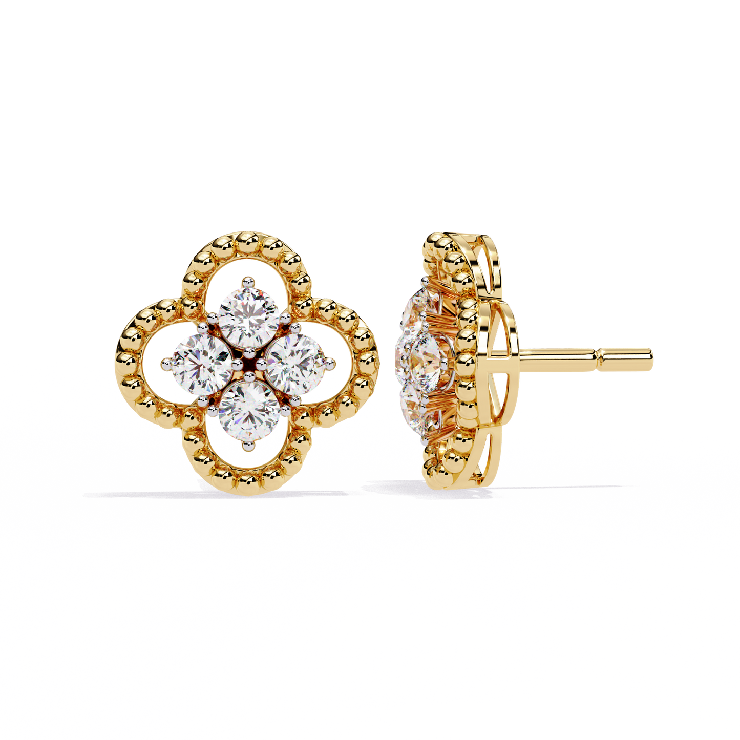 Clover Cluster Diamond Studs Earrings with Beaded Edge in Gold- 0.85 Ct