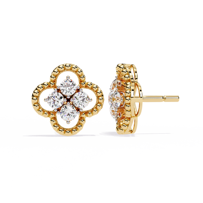 Clover Cluster Diamond Studs Earrings with Beaded Edge in Gold- 0.85 Ct