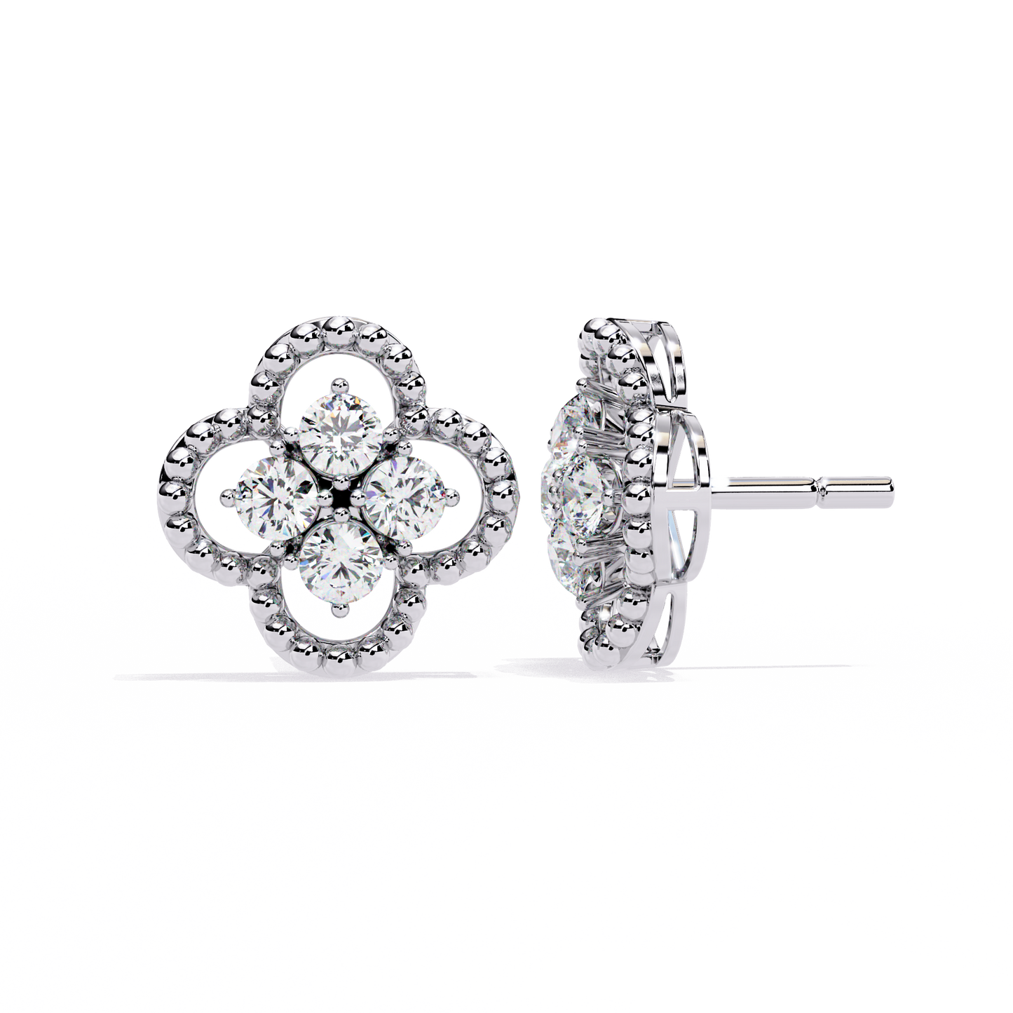 Clover Cluster Diamond Studs Earrings with Beaded Edge in Gold- 0.85 Ct
