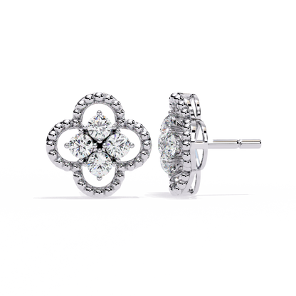 Clover Cluster Diamond Studs Earrings with Beaded Edge in Gold- 0.85 Ct