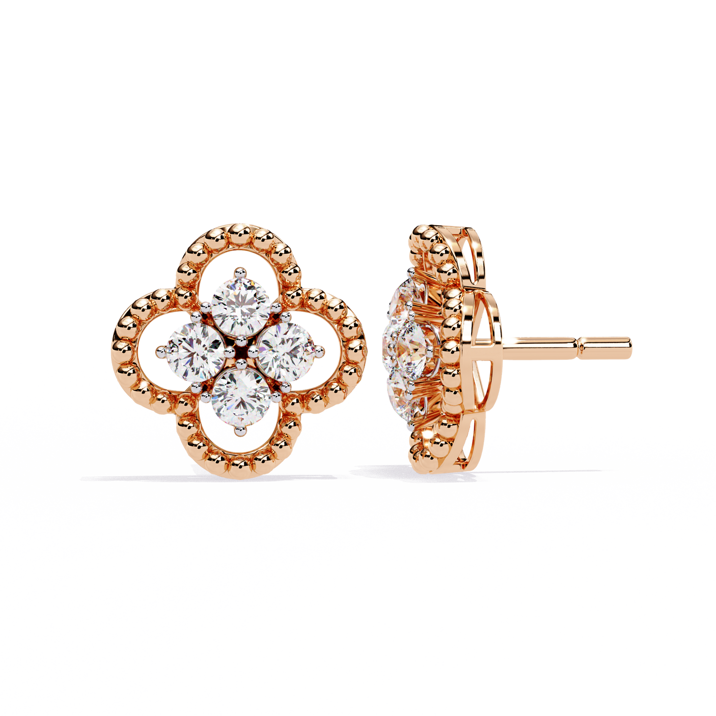 Clover Cluster Diamond Studs Earrings with Beaded Edge in Gold- 0.85 Ct