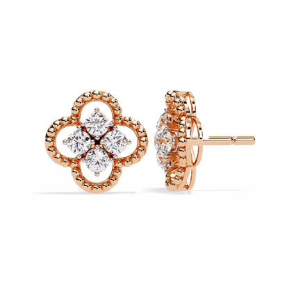 Clover Cluster Diamond Studs Earrings with Beaded Edge in Gold- 0.85 Ct