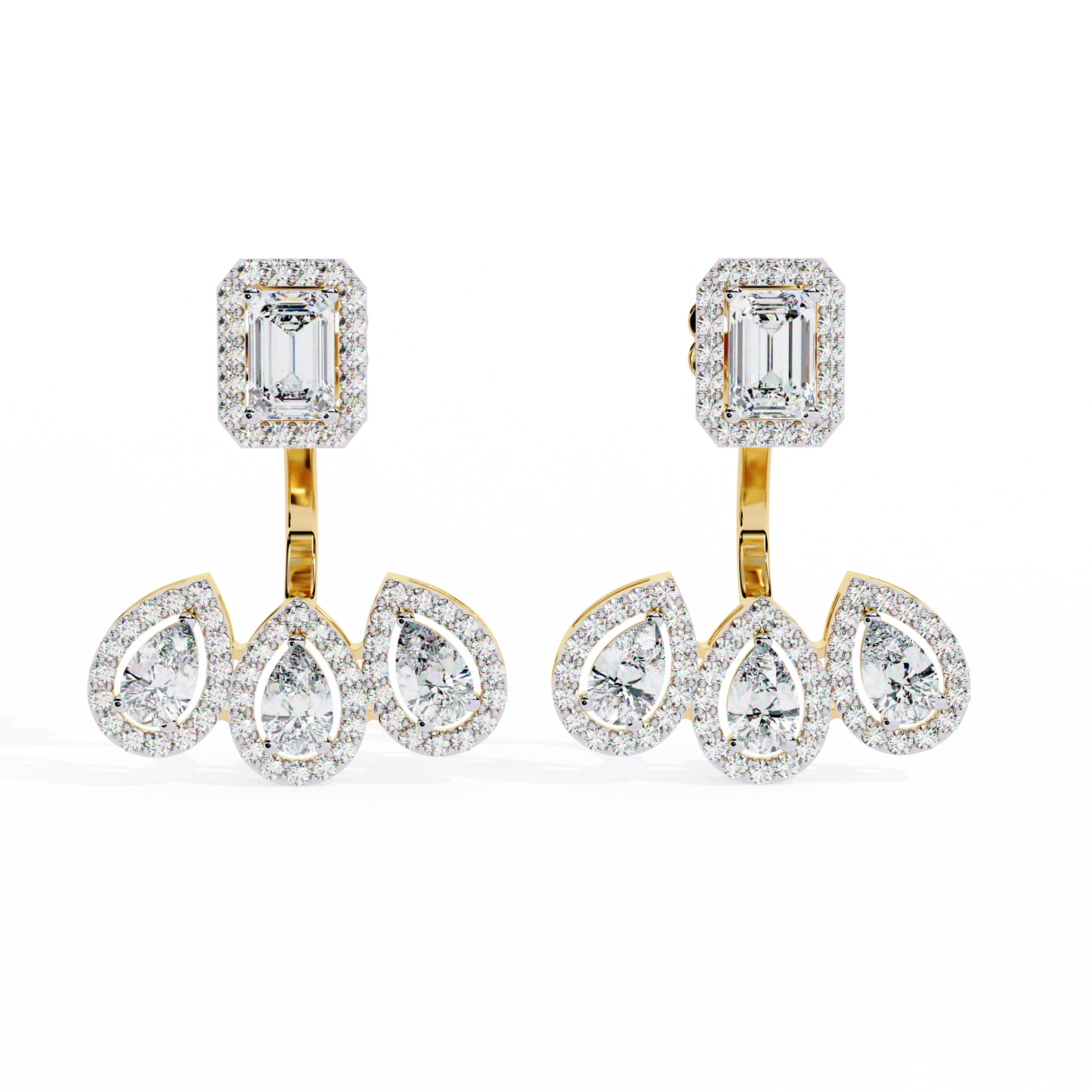 Avant-Garde Glamour: The Emerald Cut and Triple Pear Diamond Ear Jackets- 3.60 Ct
