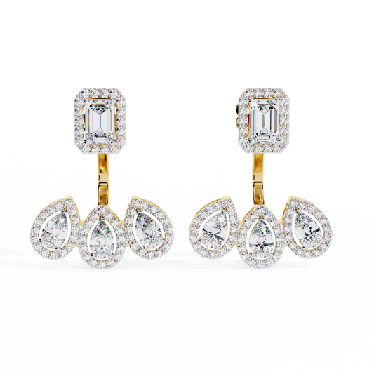 Avant-Garde Glamour: The Emerald Cut and Triple Pear Diamond Ear Jackets- 3.60 Ct