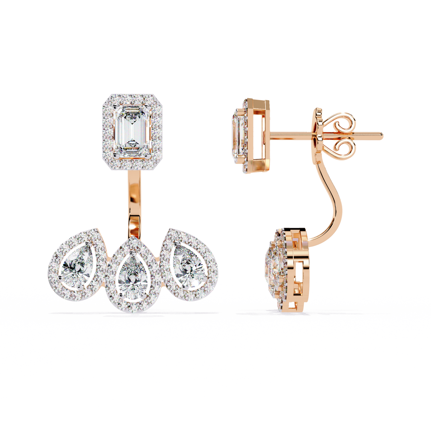 Avant-Garde Glamour: The Emerald Cut and Triple Pear Diamond Ear Jackets- 3.60 Ct