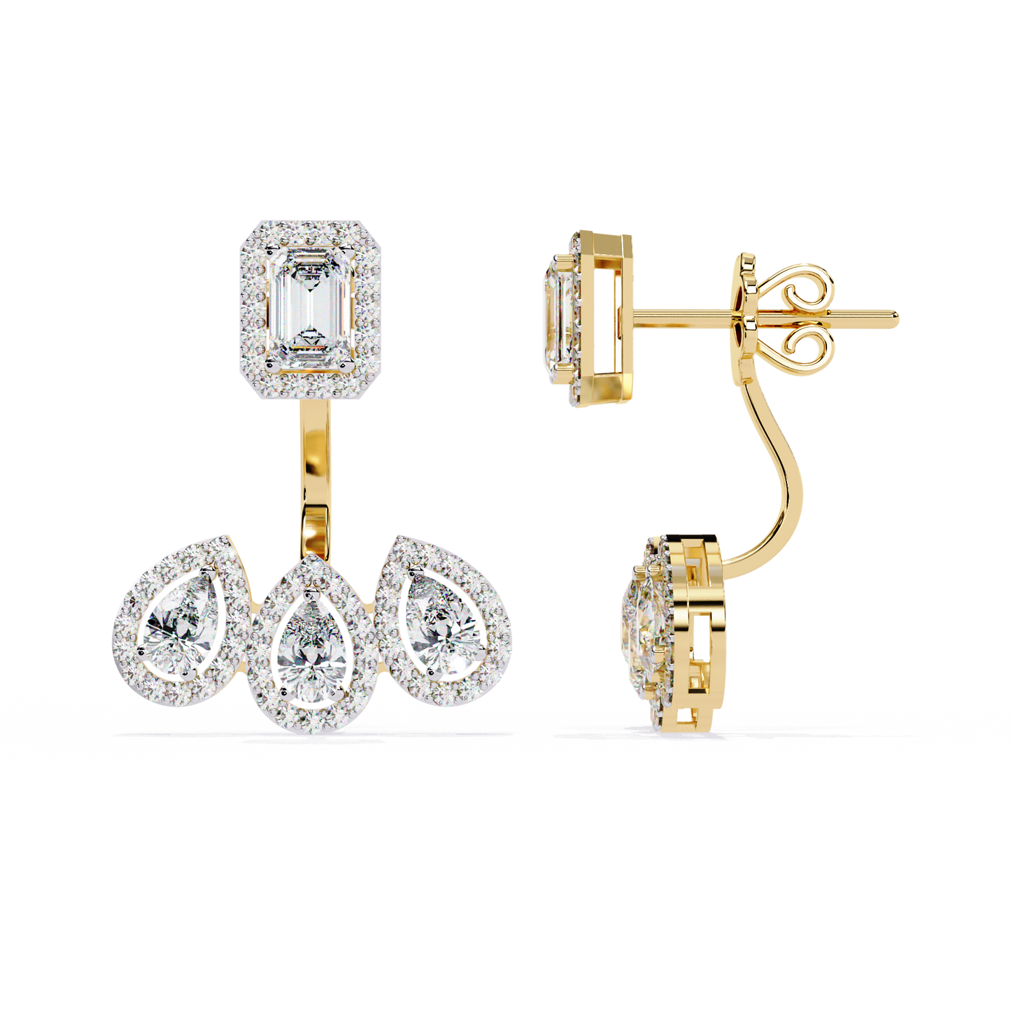 Avant-Garde Glamour: The Emerald Cut and Triple Pear Diamond Ear Jackets- 3.60 Ct