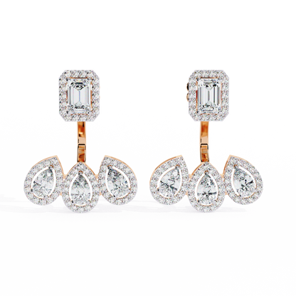 Avant-Garde Glamour: The Emerald Cut and Triple Pear Diamond Ear Jackets- 3.60 Ct
