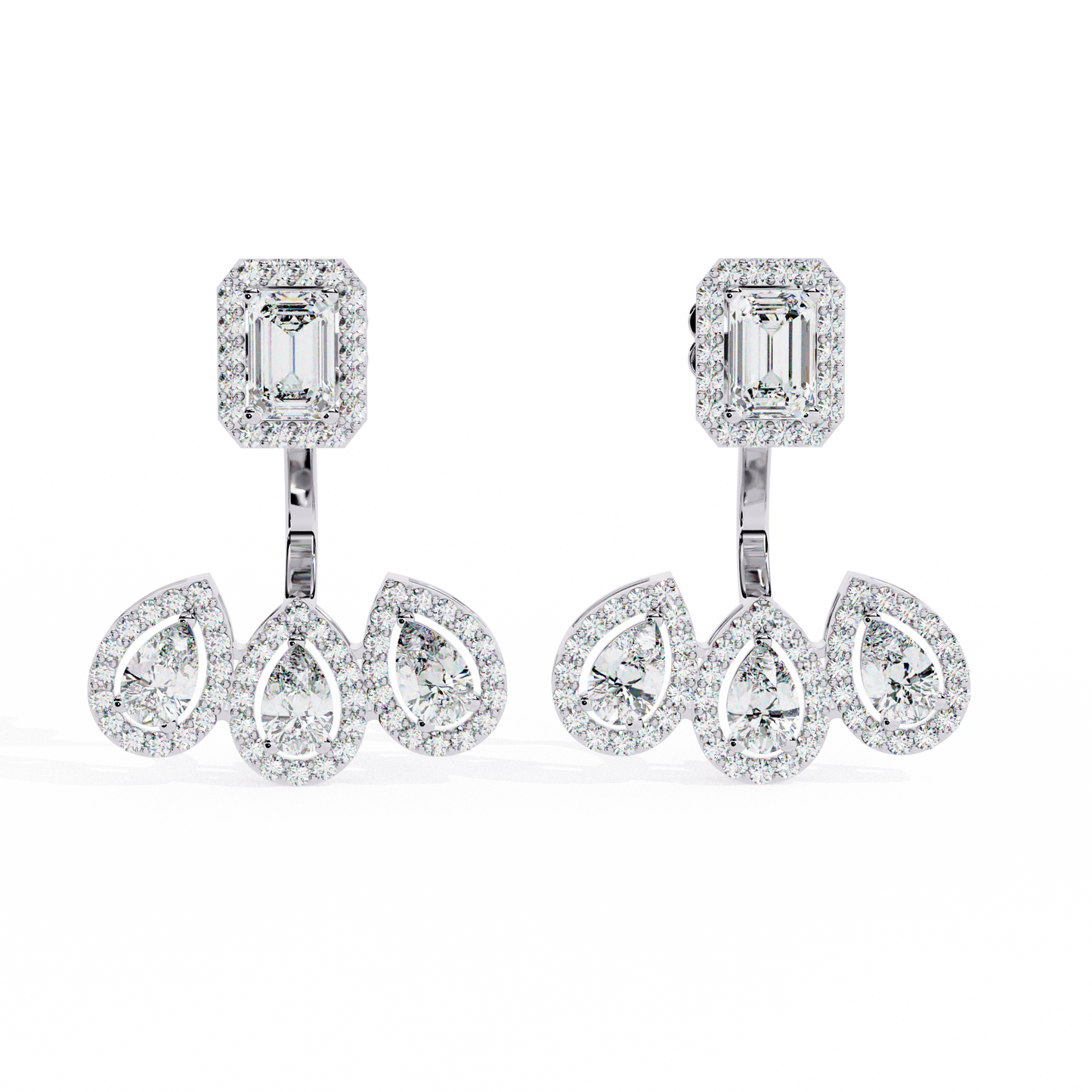 Avant-Garde Glamour: The Emerald Cut and Triple Pear Diamond Ear Jackets- 3.60 Ct