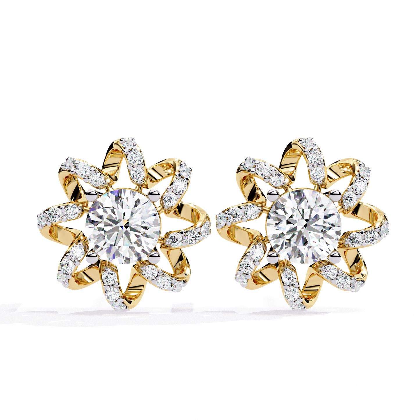 Golden Knot & Diamond Cluster Studs Earrings - 1.93 Ct