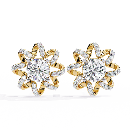 Golden Knot & Diamond Cluster Studs Earrings - 1.93 Ct
