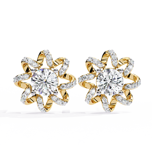Golden Knot & Diamond Cluster Studs Earrings - 1.93 Ct