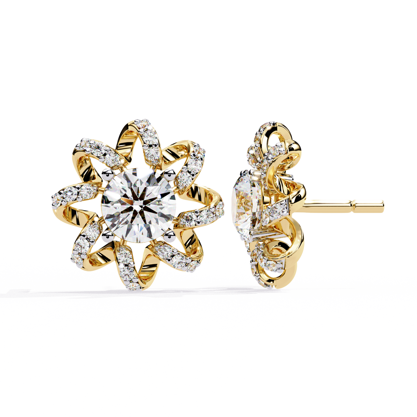 Golden Knot & Diamond Cluster Studs Earrings - 1.93 Ct