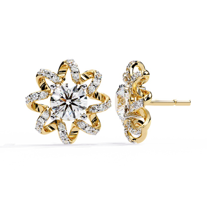 Golden Knot & Diamond Cluster Studs Earrings - 1.93 Ct