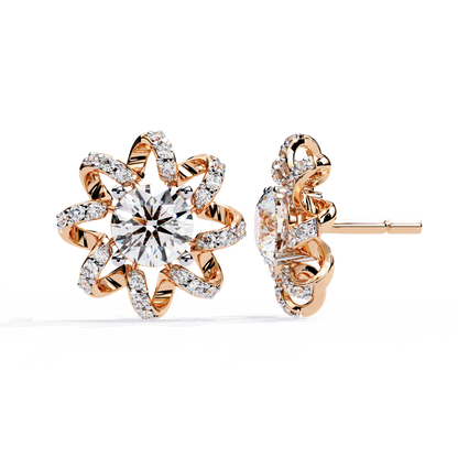 Golden Knot & Diamond Cluster Studs Earrings - 1.93 Ct