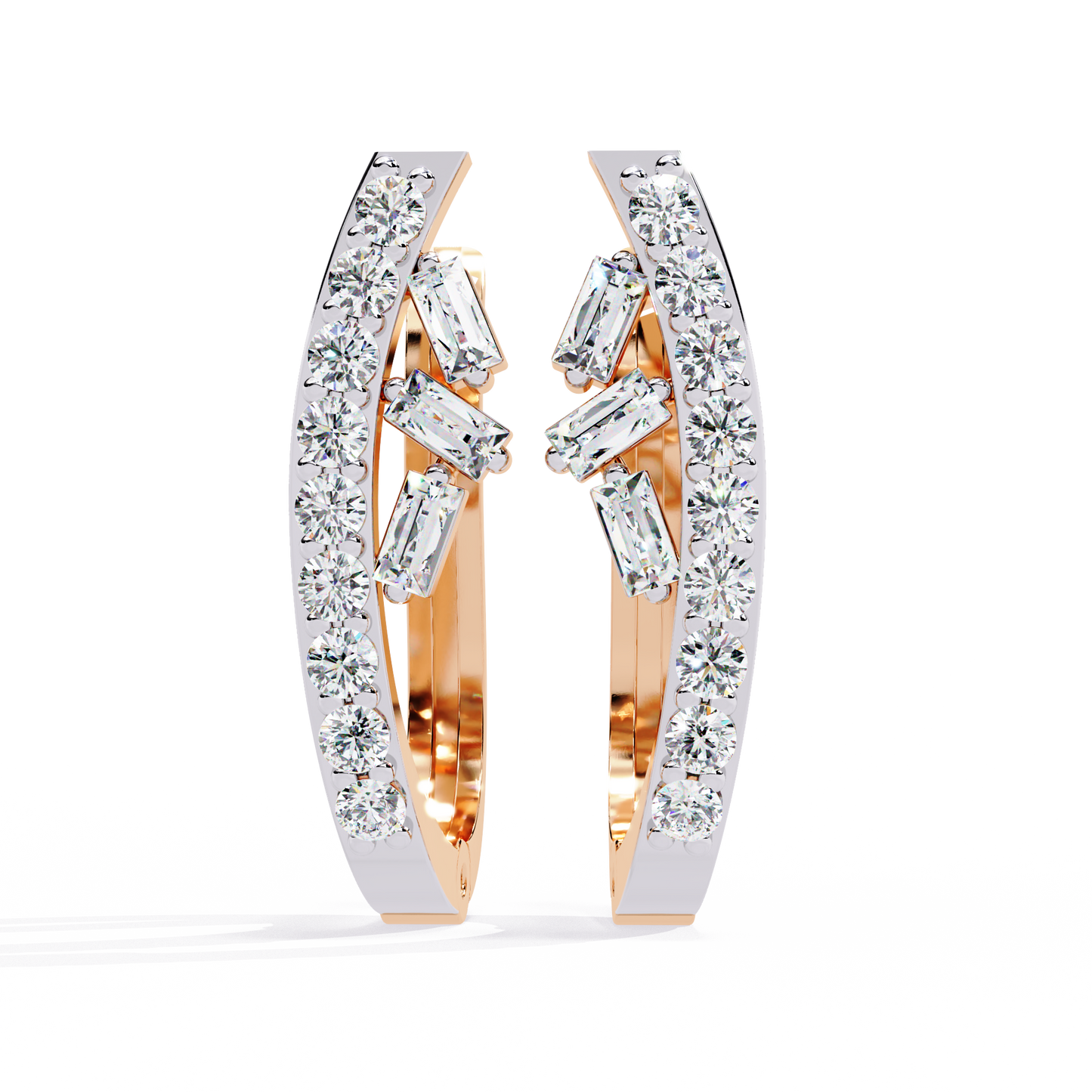 Asymmetric Baguette & Round Diamond Earrings In Gold - 0.37 Ct