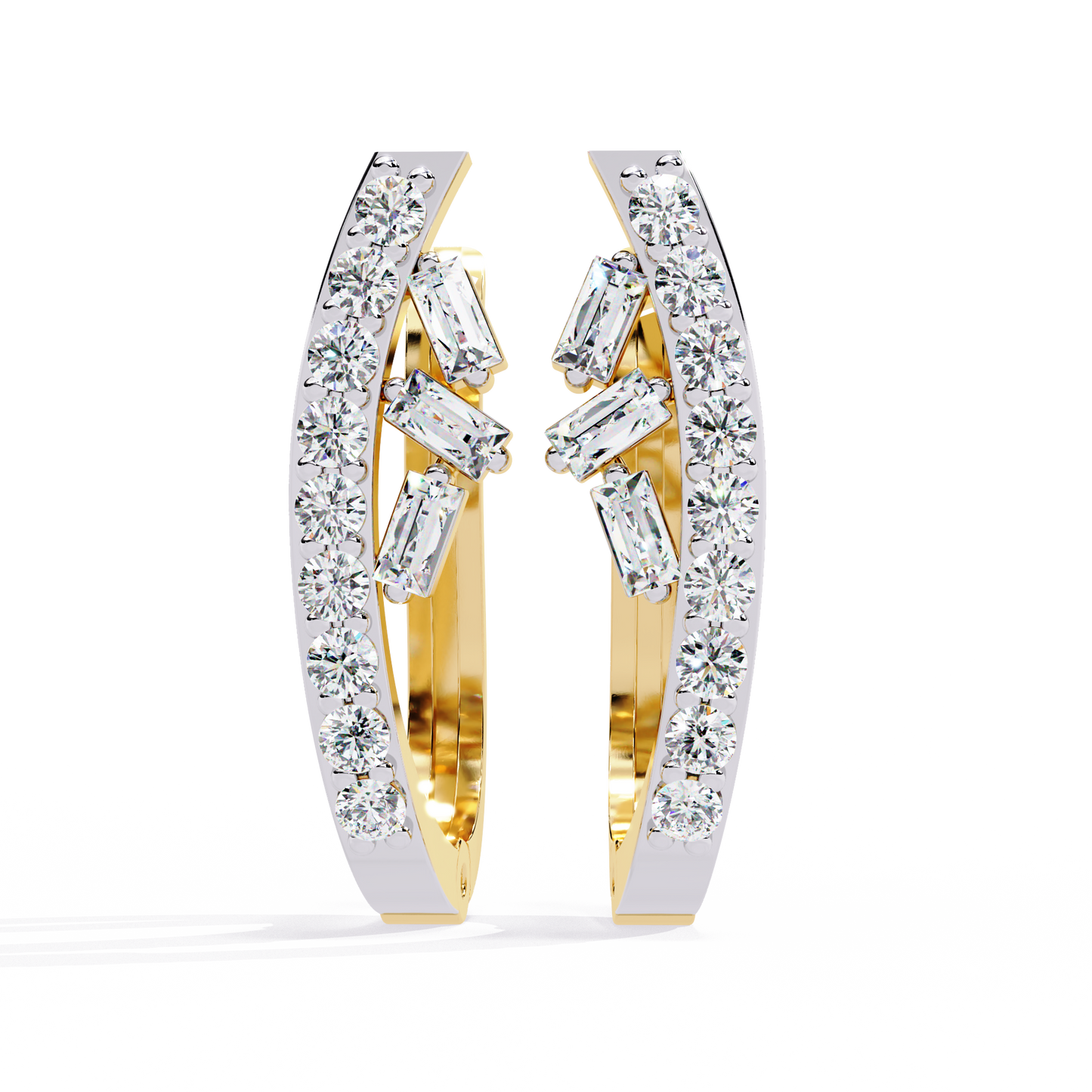 Asymmetric Baguette & Round Diamond Earrings In Gold - 0.37 Ct