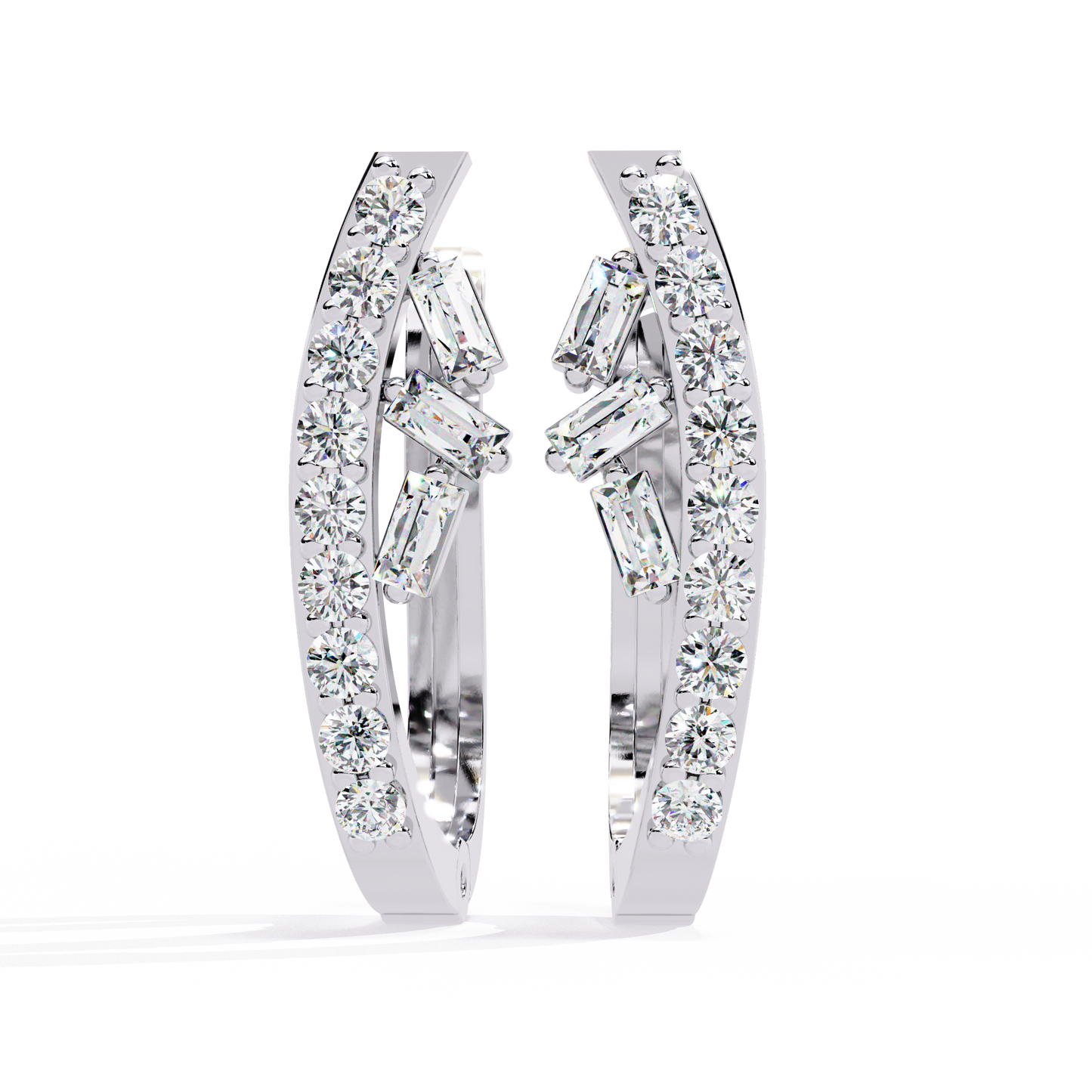 Asymmetric Baguette & Round Diamond Earrings In Gold - 0.37 Ct