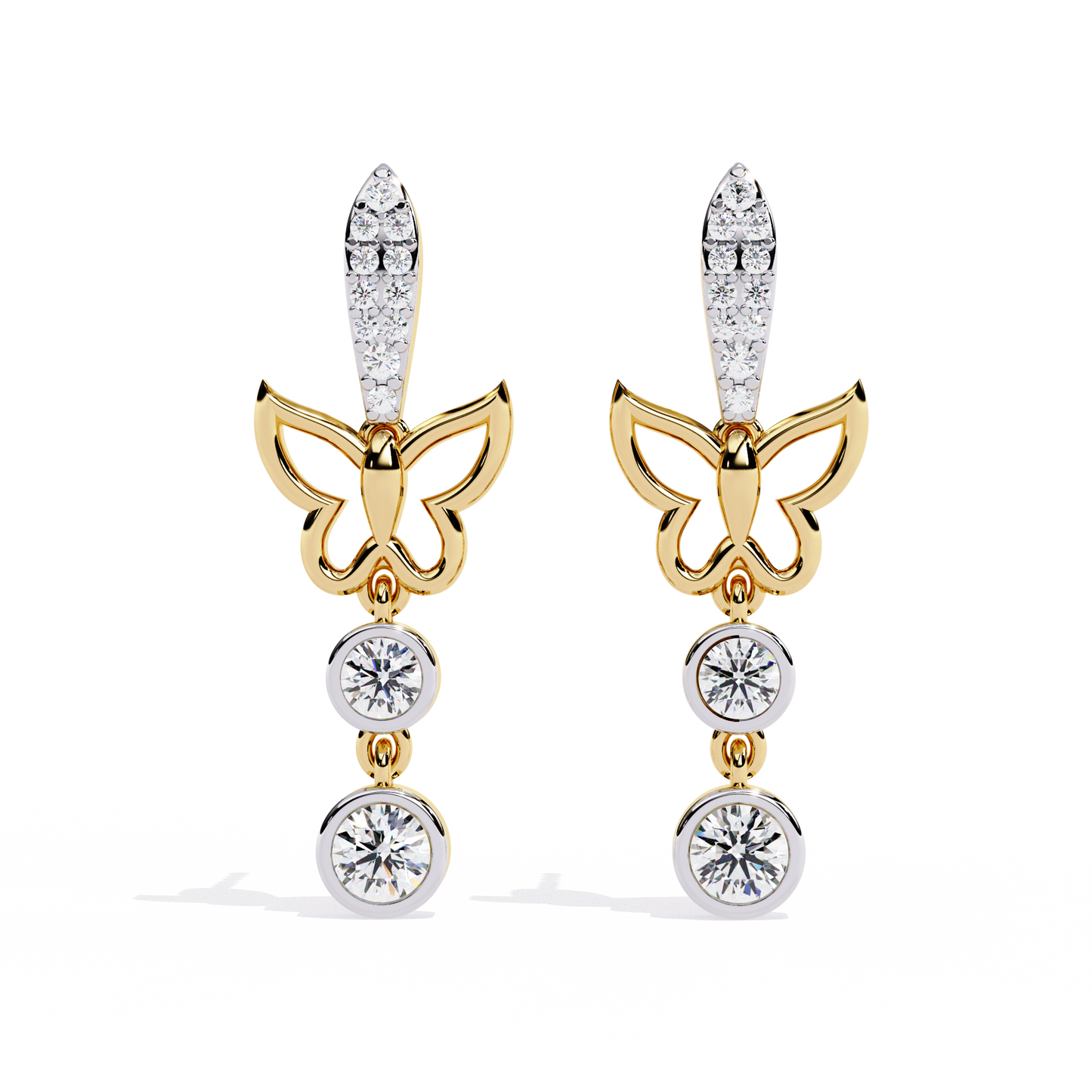 Butterfly Motif Gold & Diamond Drop Earrings - 0.55 Ct