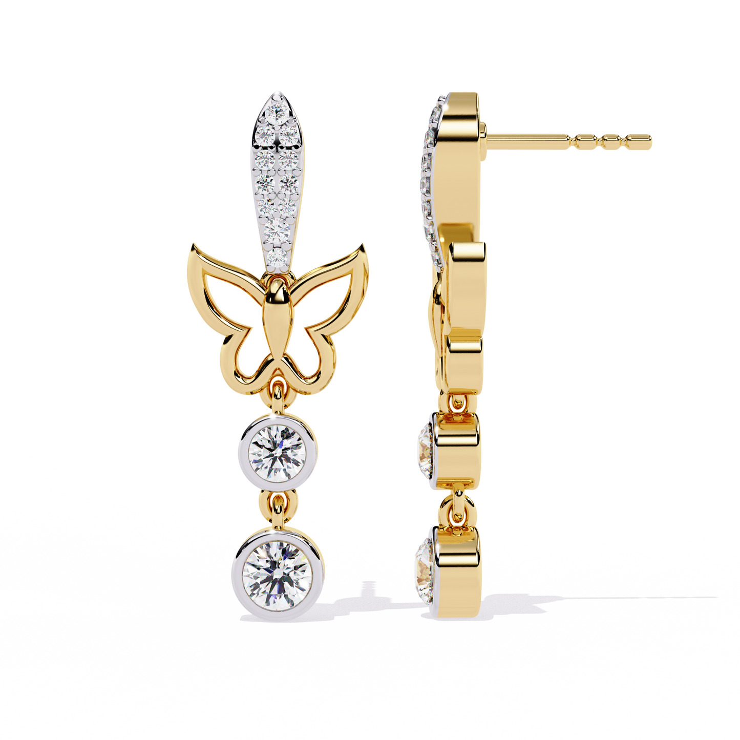 Butterfly Motif Gold & Diamond Drop Earrings - 0.55 Ct