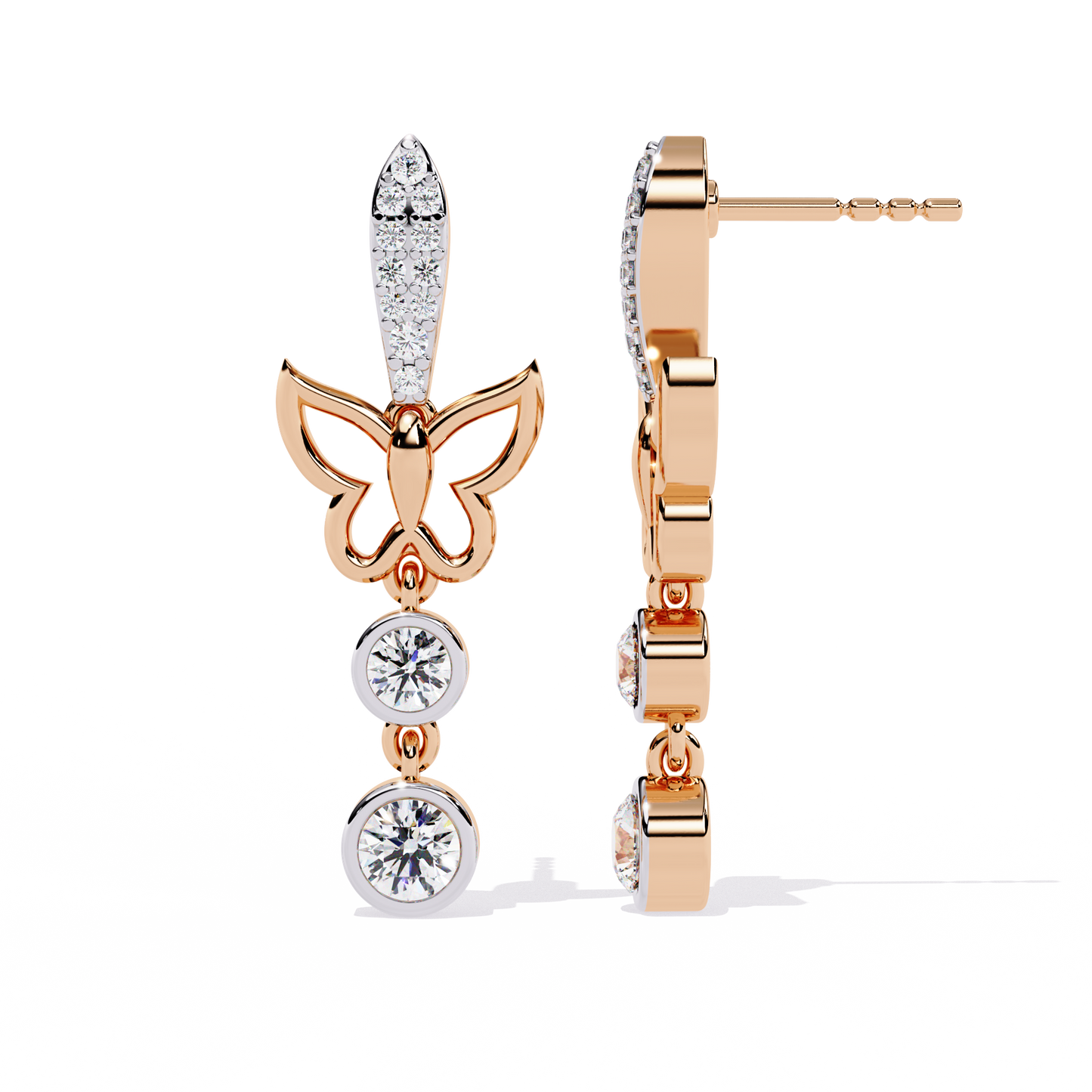 Butterfly Motif Gold & Diamond Drop Earrings - 0.55 Ct