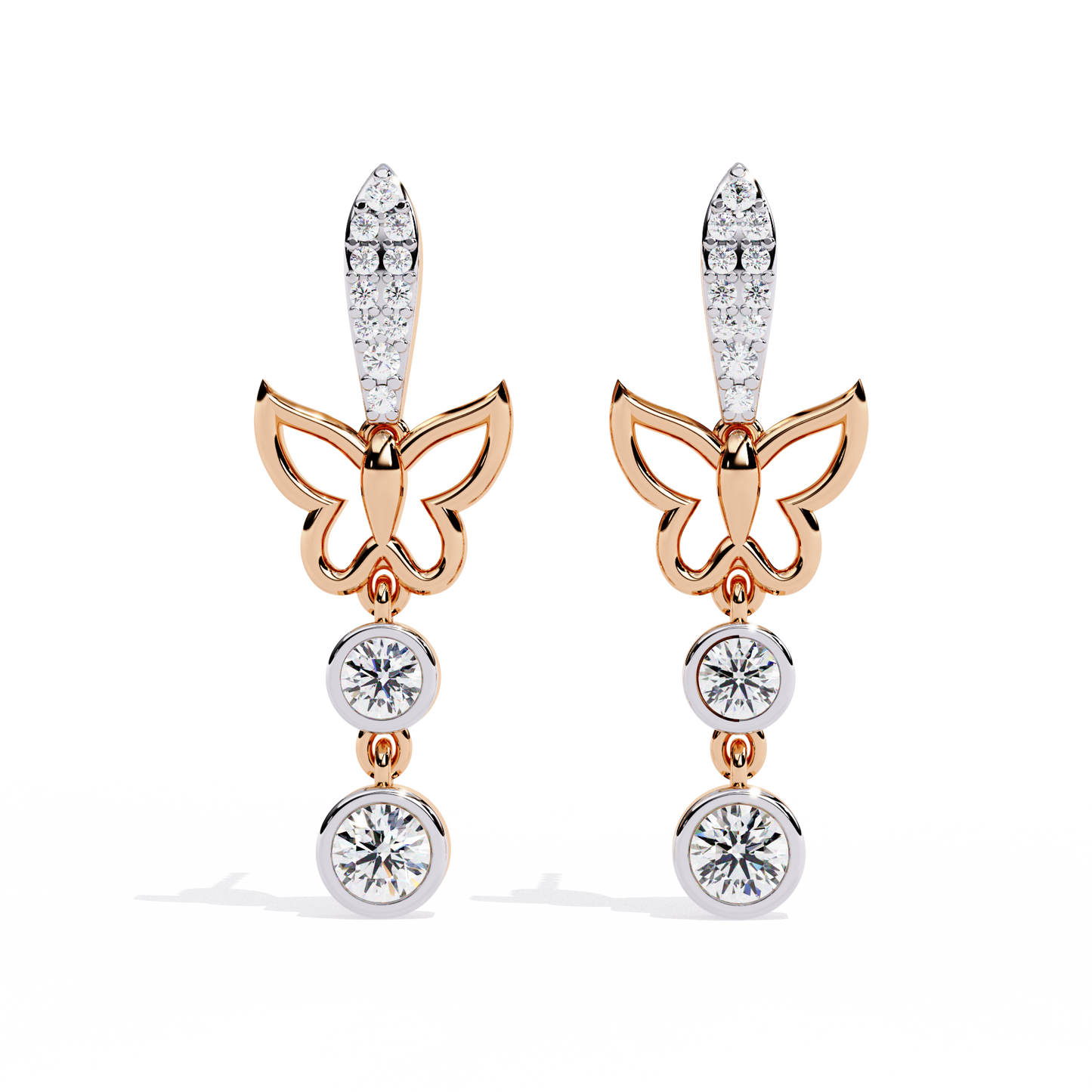 Butterfly Motif Gold & Diamond Drop Earrings - 0.55 Ct
