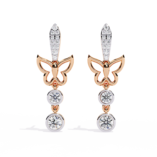 Butterfly Motif Gold & Diamond Drop Earrings - 0.55 Ct