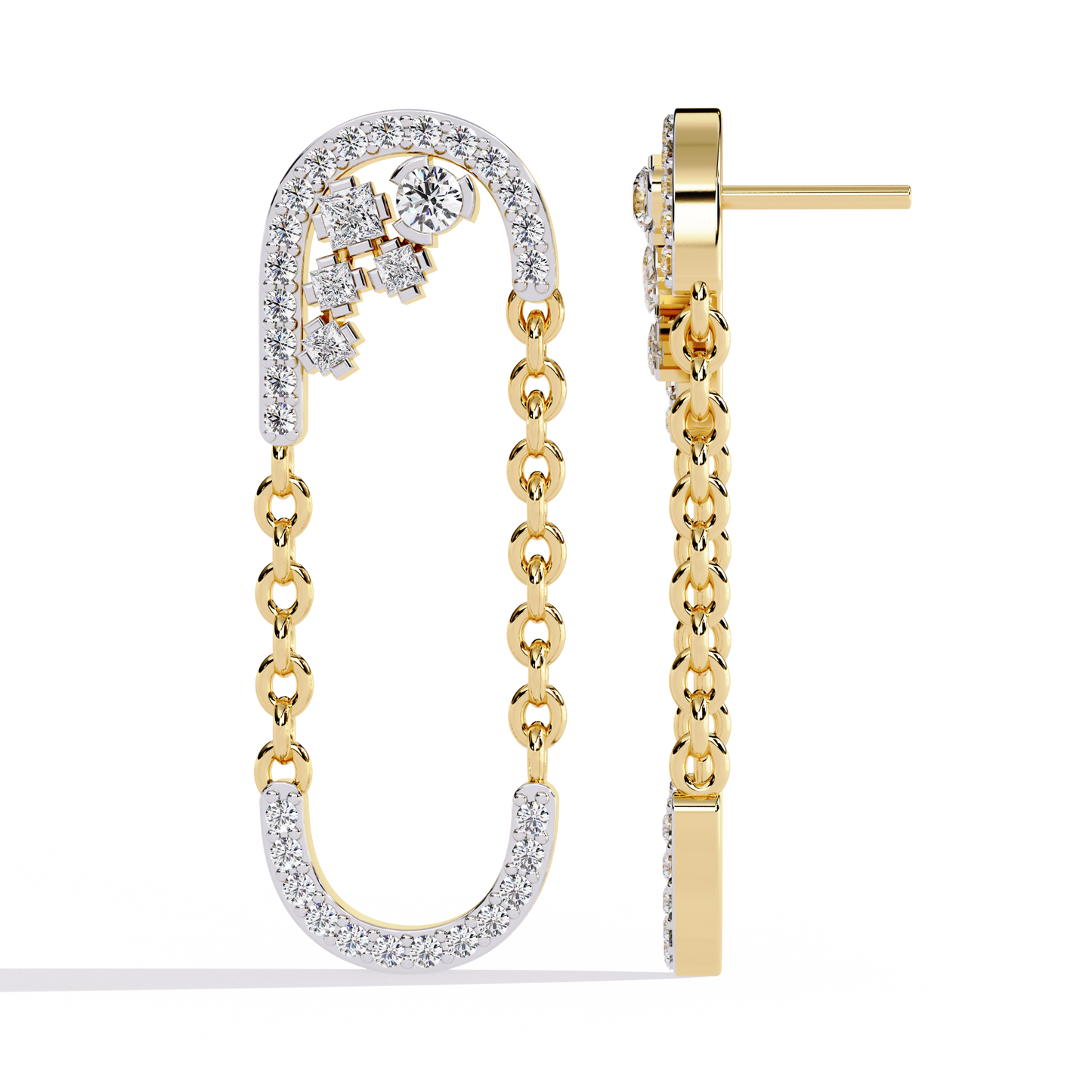 Contemporary U-Shape Diamond & Gold Chain Dangle Earrings - 0.48 Ct