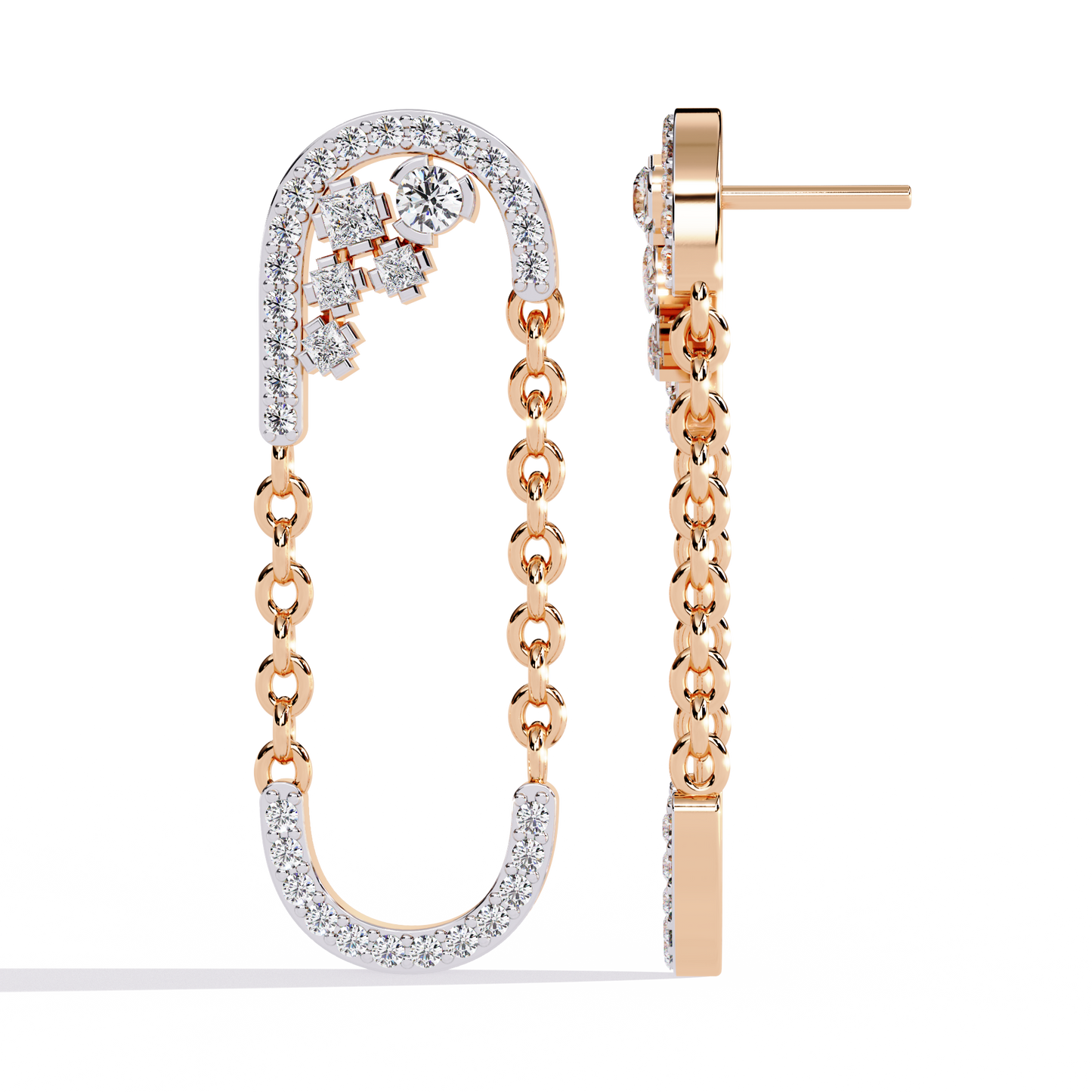 Contemporary U-Shape Diamond & Gold Chain Dangle Earrings - 0.48 Ct
