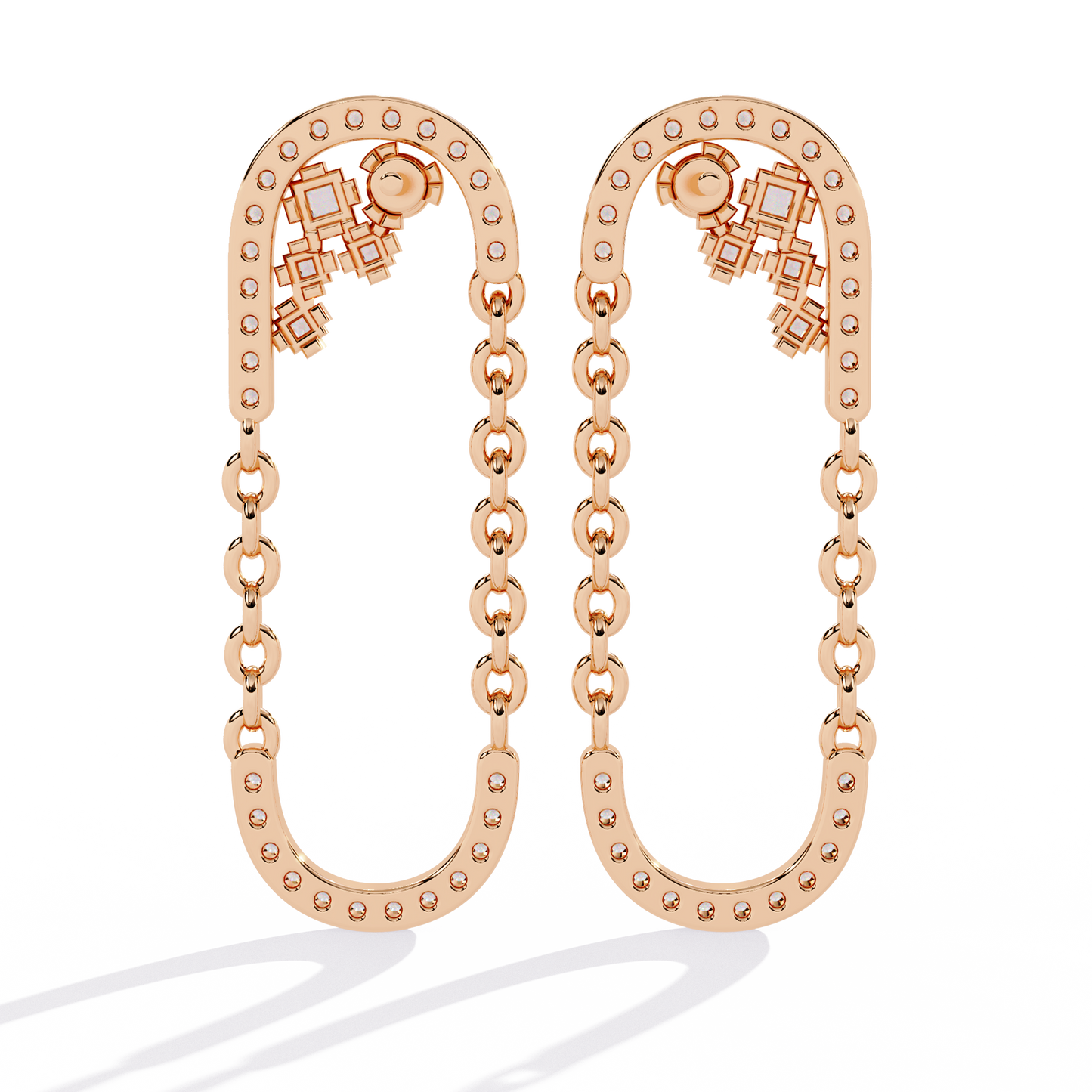 Contemporary U-Shape Diamond & Gold Chain Dangle Earrings - 0.48 Ct
