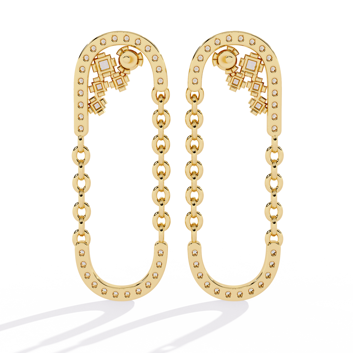 Contemporary U-Shape Diamond & Gold Chain Dangle Earrings - 0.48 Ct