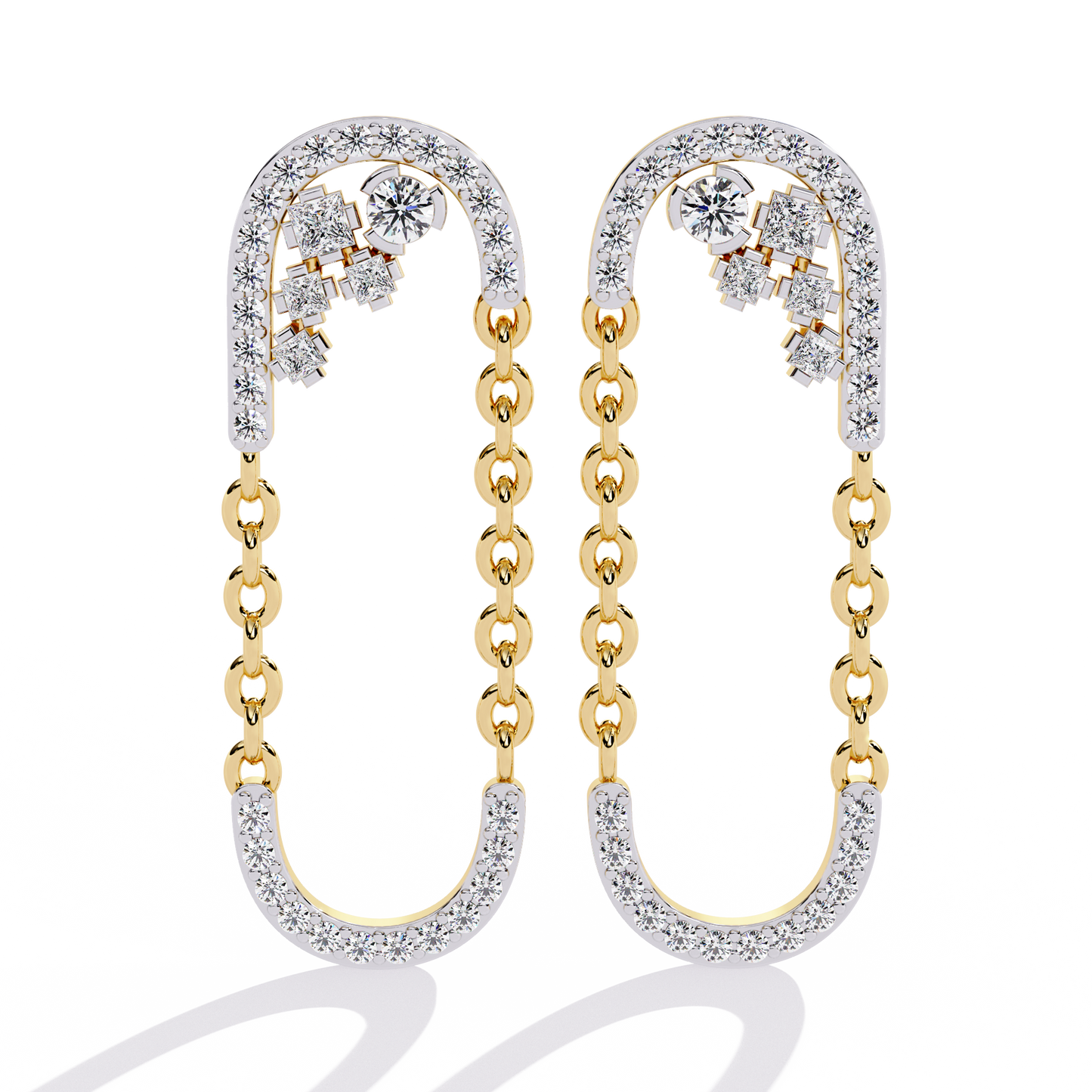 Contemporary U-Shape Diamond & Gold Chain Dangle Earrings - 0.48 Ct