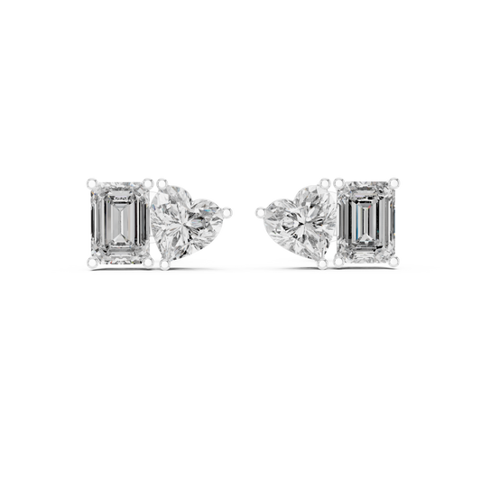 4 Carat Emerald and Heart Cut Diamond Toi et Moi Stud Earrings