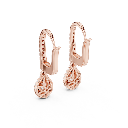Pear Cut Diamond Halo Huggie Drop Earrings Yellow Gold Teardrop Dangle Gift