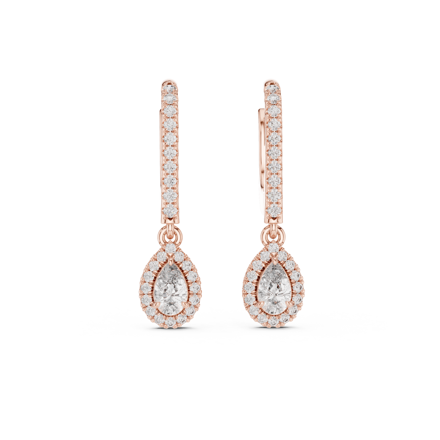 Pear Cut Diamond Halo Huggie Drop Earrings Yellow Gold Teardrop Dangle Gift