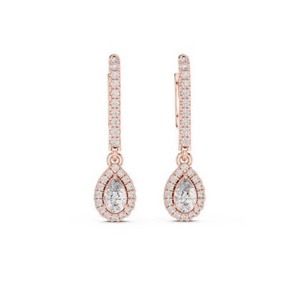 Pear Cut Diamond Halo Huggie Drop Earrings Yellow Gold Teardrop Dangle Gift