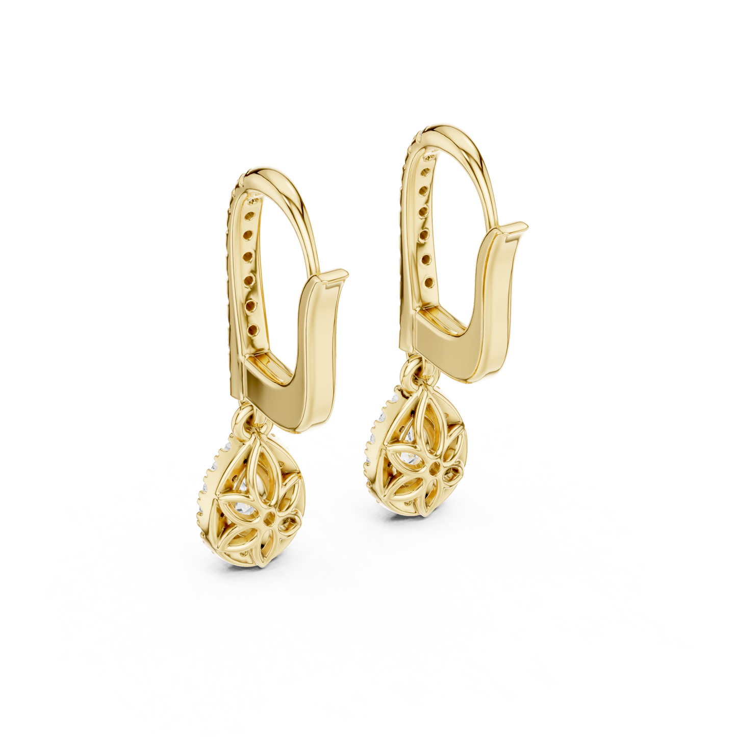 Pear Cut Diamond Halo Huggie Drop Earrings Yellow Gold Teardrop Dangle Gift