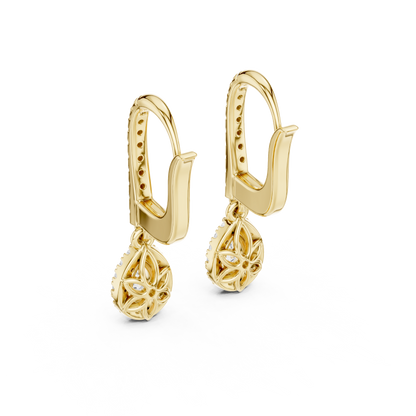Pear Cut Diamond Halo Huggie Drop Earrings Yellow Gold Teardrop Dangle Gift