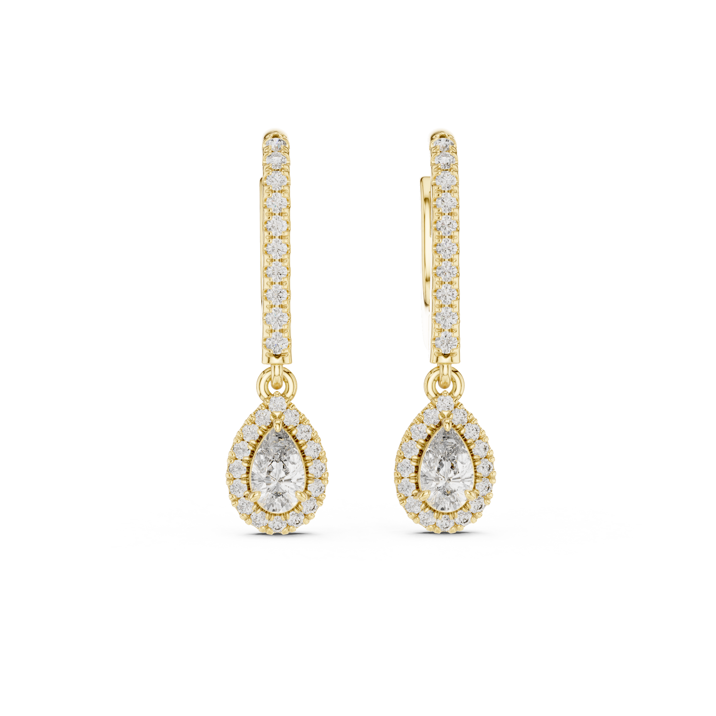 Pear Cut Diamond Halo Huggie Drop Earrings Yellow Gold Teardrop Dangle Gift