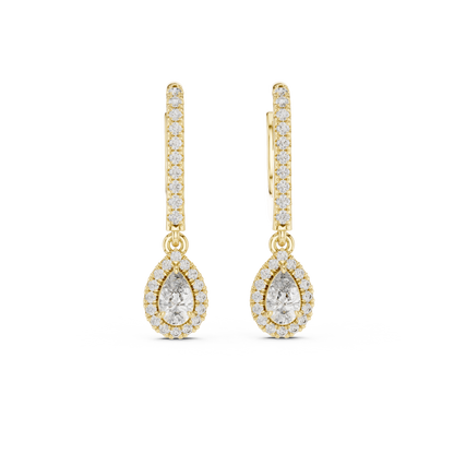 Pear Cut Diamond Halo Huggie Drop Earrings Yellow Gold Teardrop Dangle Gift