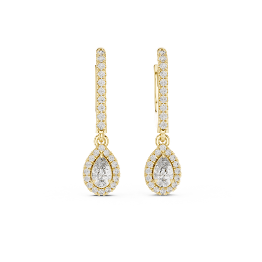 Pear Cut Diamond Halo Huggie Drop Earrings Yellow Gold Teardrop Dangle Gift