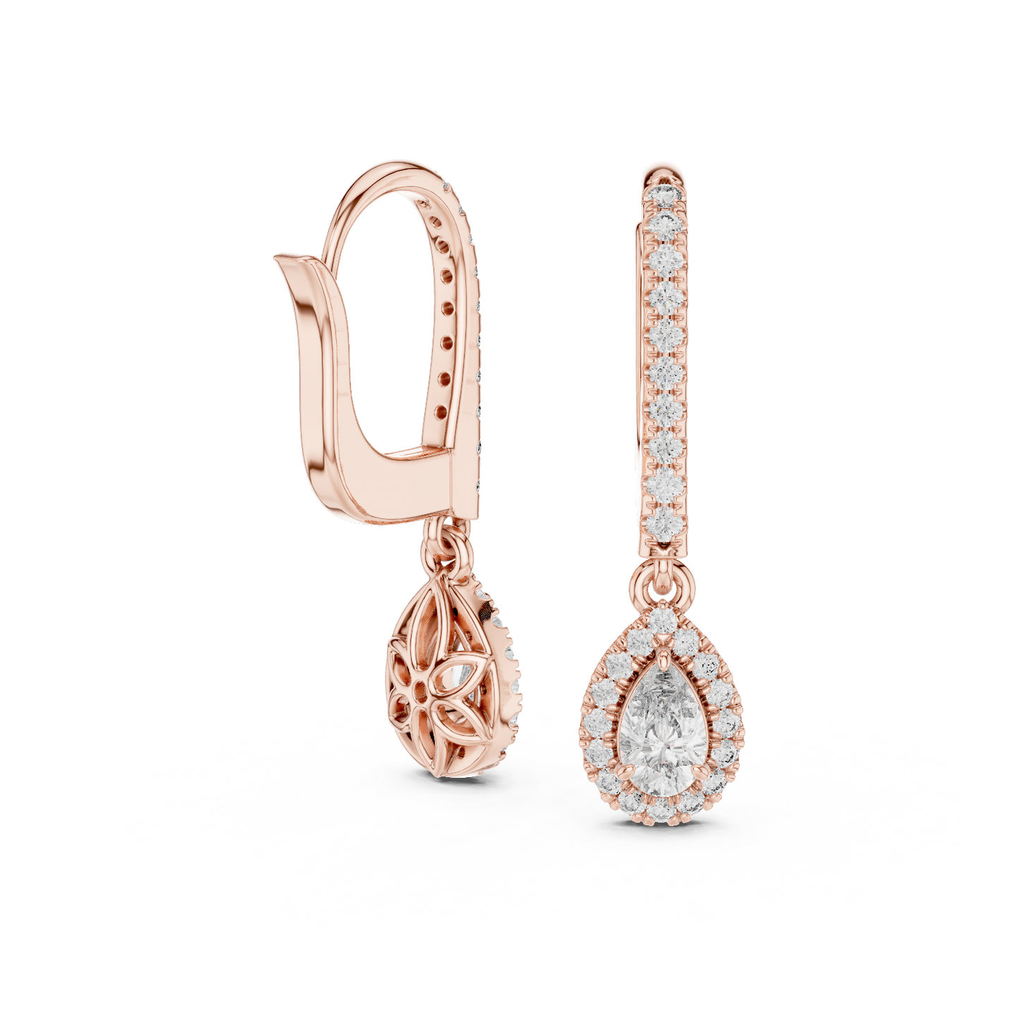 Pear Cut Diamond Halo Huggie Drop Earrings Yellow Gold Teardrop Dangle Gift